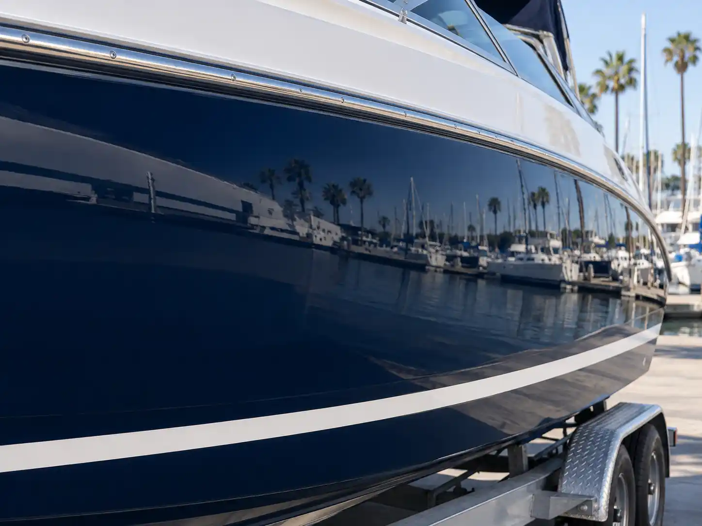 Restored glossy blue boat hull