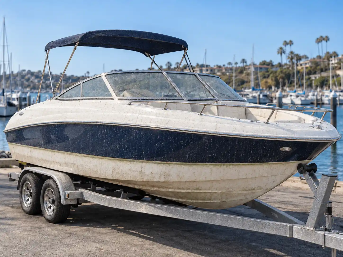 Dirty boat before washing and waxing